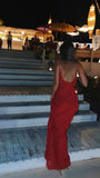 Red Chiffon Ruffle Evening Prom Dresses With Open HZ0307