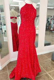 Red Sequins Mermaid Halter Long Prom HZ0307