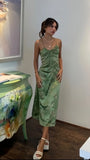Retro Olive Green Floral Print Evening Prom Dresses Midi HZ0307