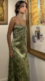 Retro Olive Green Floral Print Evening Prom Dresses Midi HZ0307