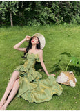 Pretty Irregular Ruffled Spaghetti Straps Green Prom Dresses With Detachable Rose Long Birthday Dress For Women, HZ0307
