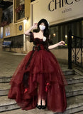 Sexy Ball Gown Strapless Burgundy Tulle Birthday Dresses Night Party Dress, HZ0307