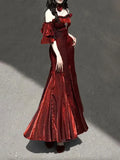 Sexy Mermaid Spaghetti Straps Burgundy Long Prom Dresses Christmas Night Dress Birthday Outfits , HZ0307