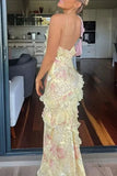 Sexy Mermaid Spaghetti Straps Floor Length Floral Yellow Chiffon Evening Dress Prom Dresses, HZ0307