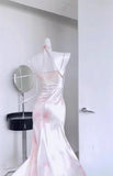 Sexy Mermaid Spaghetti Straps Pink Satin Prom Dresses Night Dress Birthday Outfits , HZ0307