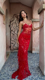 Sexy Red Lace Mermaid Long Prom Dresses Spaghetti Straps Evening Formal HZ0307