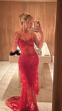 Sexy Red Lace Mermaid Long Prom Dresses Spaghetti Straps Evening Formal HZ0307