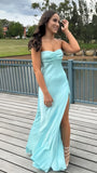 Simple Tiffany Blue Sheath Long Prom Dresses Evening Party Dress With Side HZ0307