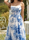 Spaghetti Straps Floral Prom Dress, Chiffon Slit Evening Dress, HZ0307