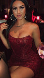 Sparkle Burgundy Sequin Homecoming Dresses, Strapless Mini Party HZ0307