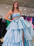 Strapless A-Line Organza Ruffle Prom Dress, Sleeveless Bowknot Evening Gown, HZ0307
