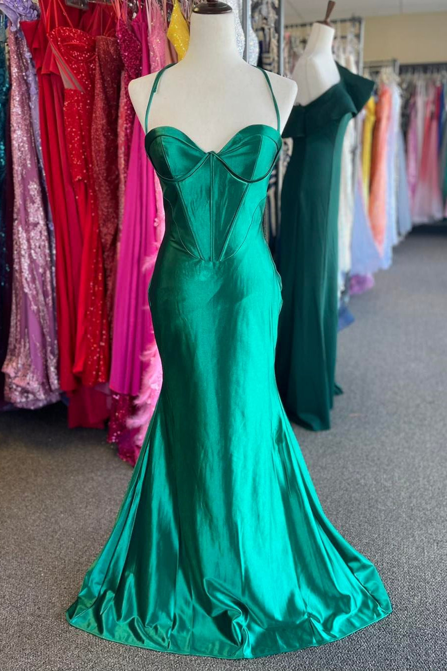 Straps Green Satin Mermaid Long Formal HZ0307