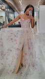 Sweet A-Line Floral Slit Long Prom Dress, Full Length Evening Party HZ0307