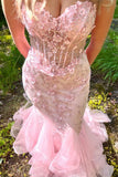 Sweet Pink Beaded Floral Senior Prom Dresses Sweetheart Mermaid Tulle Party HZ0307