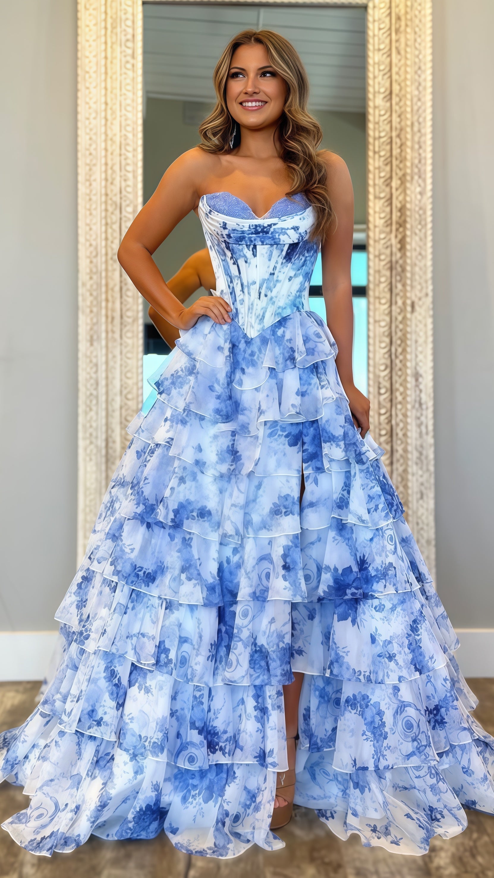 Sweetheart Blue Floral Layers Party Dress Chiffon Ruffle Prom Dresses, HZ0307