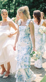 White Blue Floral Bridesmaid Dresses, HZ0307