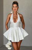 White Floral A-line Homecoming Dresses Halter V-neck Wedding Reception Dress, HZ0307