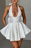 White Floral A-line Homecoming Dresses Halter V-neck Wedding Reception Dress, HZ0307