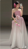 White Pink Strapless Party Dresses, Long Prom Dress With Sweep Train, HZ0307