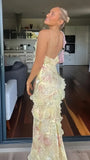 Yellow Floral Slim V-Neck Long Prom Dresses Spaghetti Straps Evening Party HZ0307