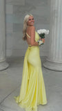 Yellow V-Neck Mermaid Prom Dresses Long Evening Party Dress With Cross HZ0307