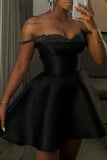 Black A-Line Homecoming Dresses, Off The Shoulder Beaded Mini Party Dress, HZ0307