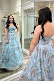 Strapless Blue Floral Ruched A-line Long Ball HZ0307