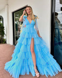 Tie Shoulders Yellow Tulle Ruffle Long Party HZ0307