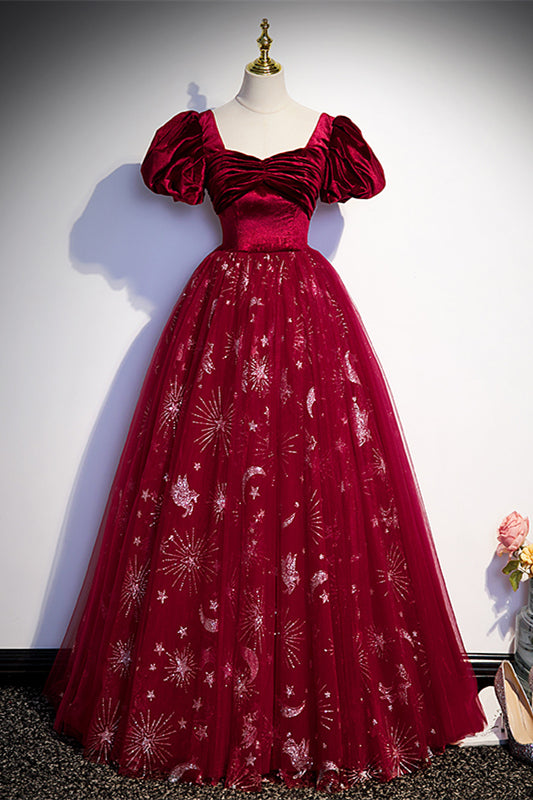 Wine Red Velvet and Tulle Short Sleeves Princess HZ0307