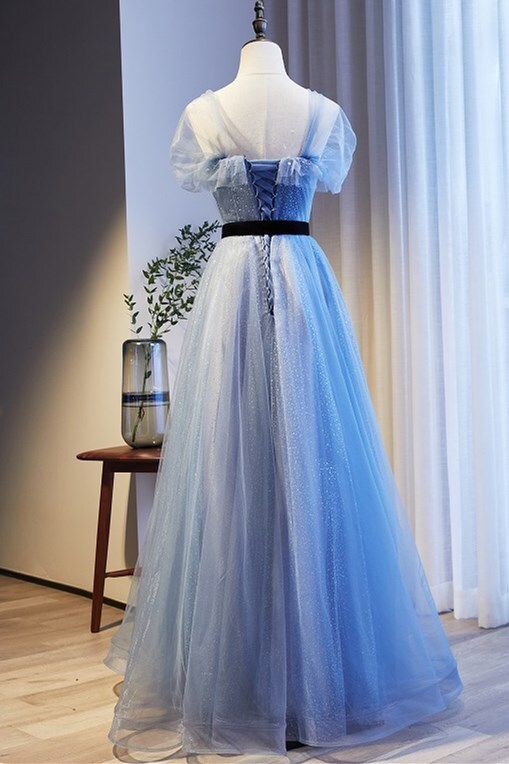 Cap Sleeves Blue A-line Tulle Long Formal HZ0307