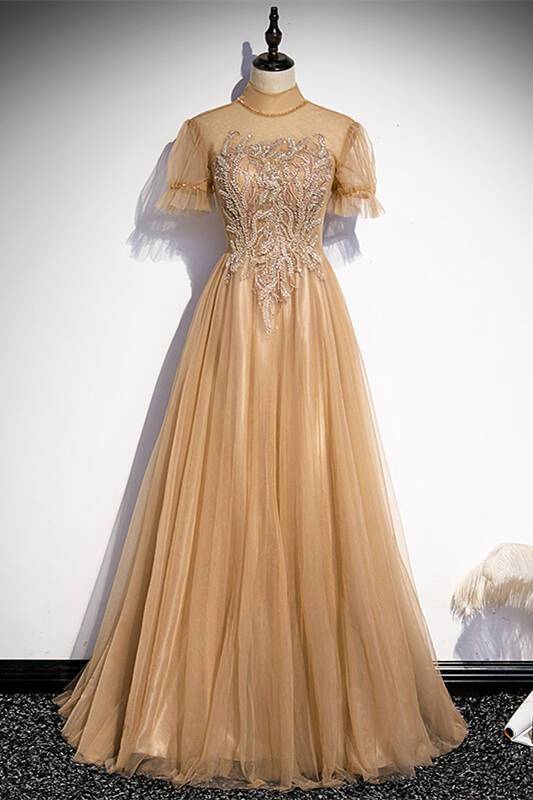 Short Sleeves Champagne Long Party Dress with High HZ0307