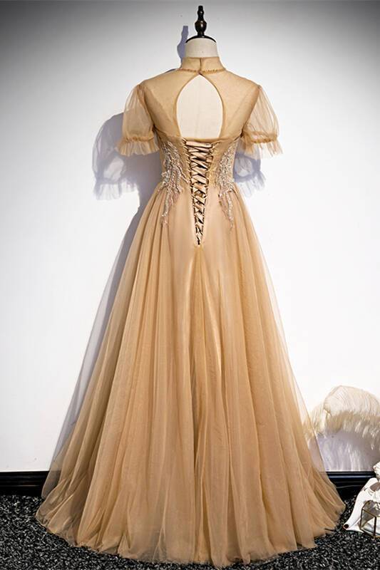 Short Sleeves Champagne Long Party Dress with High HZ0307