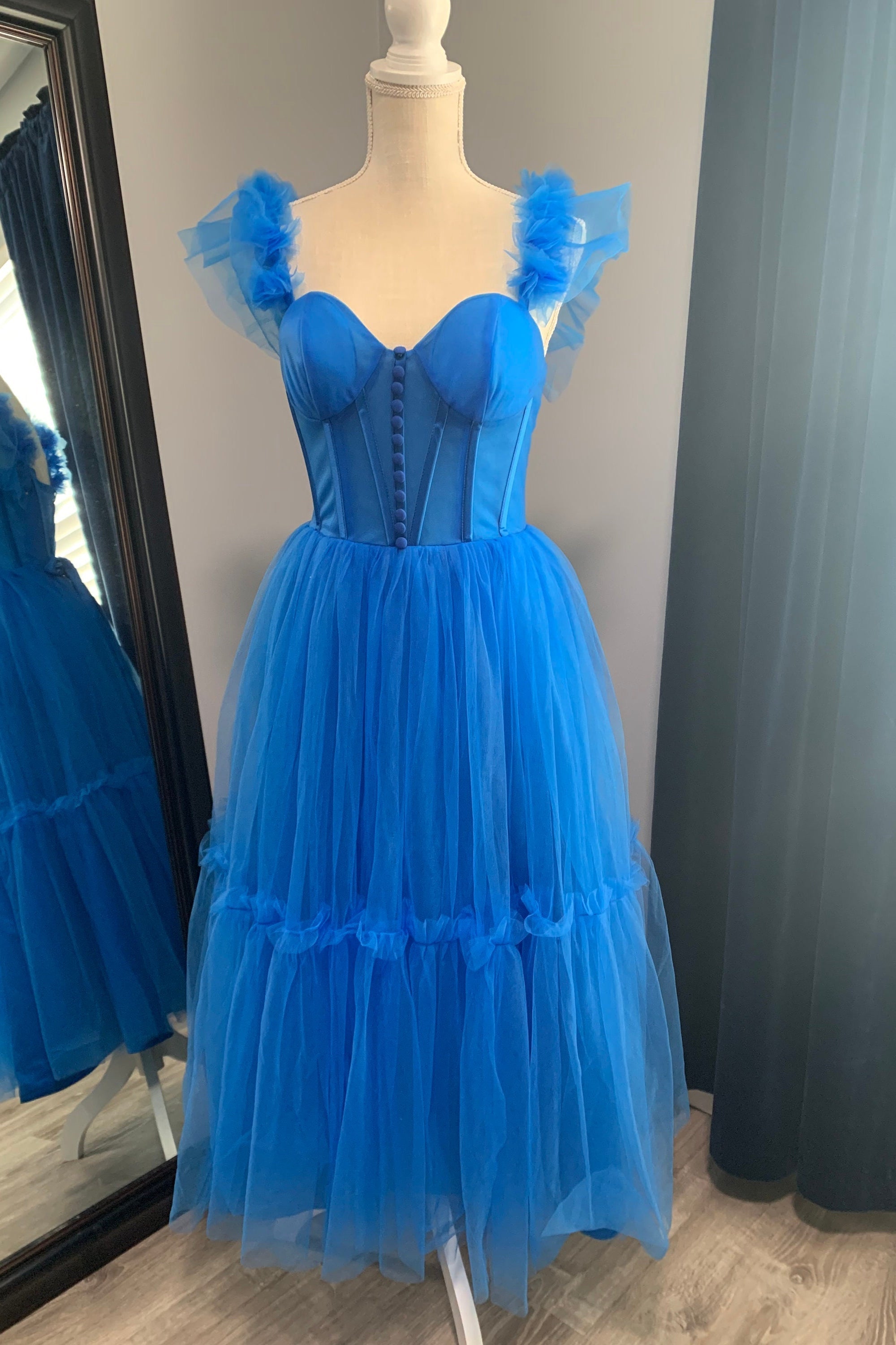 Blue Flare Straps Corset Tea Length HZ0307