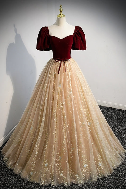 Short Sleeves Burgundy Velvet and Champagne Tulle Formal HZ0307