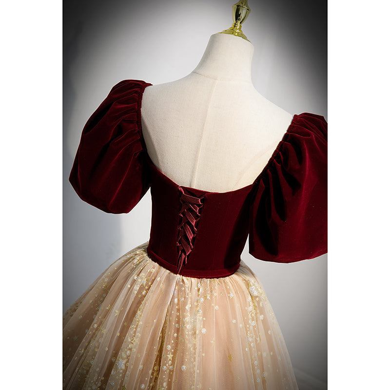 Short Sleeves Burgundy Velvet and Champagne Tulle Formal HZ0307