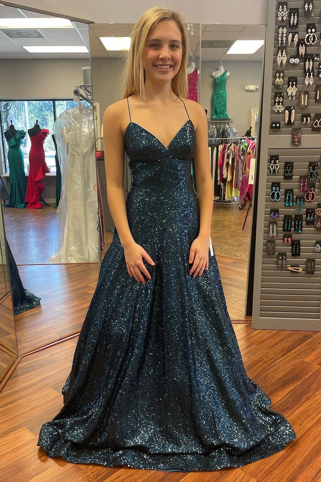 Navy Sequin Straps A-line Long Formal Dress with HZ0307