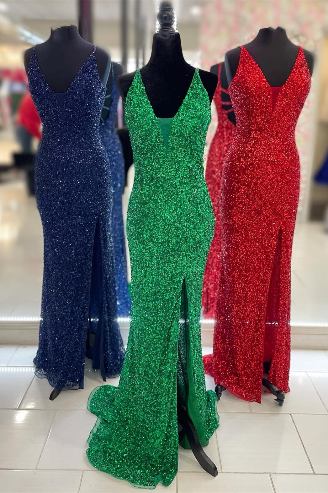 Elegant Mermaid Sequin V Neck Long Formal HZ0307