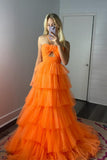 Orange Halter Tulle Tiered A-line Long Party HZ0307
