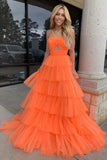 Orange Halter Tulle Tiered A-line Long Party HZ0307