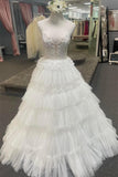 Straps White Lace and Tulle Tiered Ruffles Long Prom HZ0307